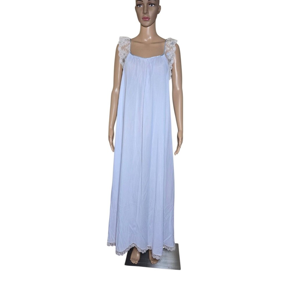 Vtg Lucie Ann Blue Lace Nightgown Cottagecore Embroidered USA Original Sz M